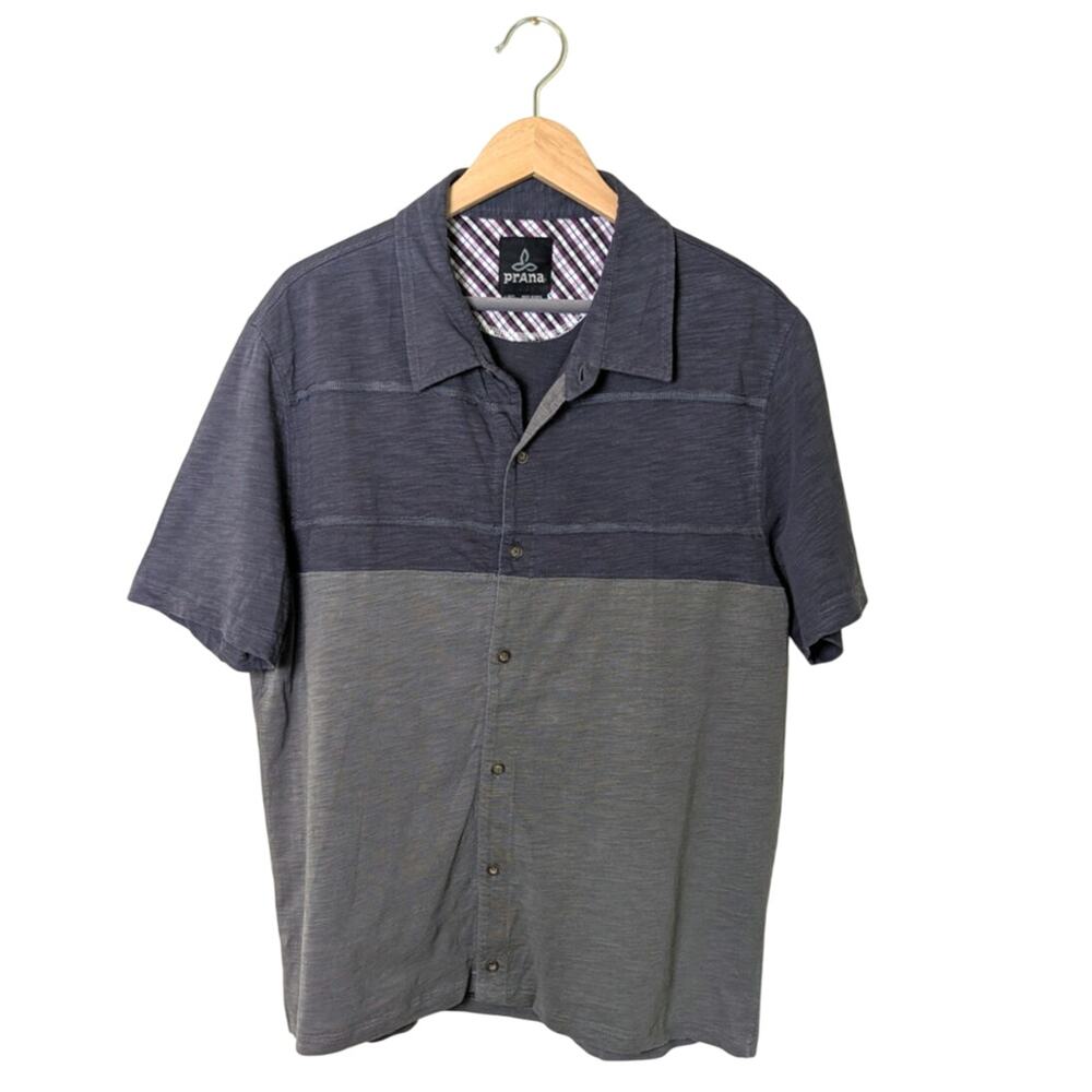 Prana Keylyn Button Down Gravel Grey Short Sleeve Organic Cotton Shirt Men L